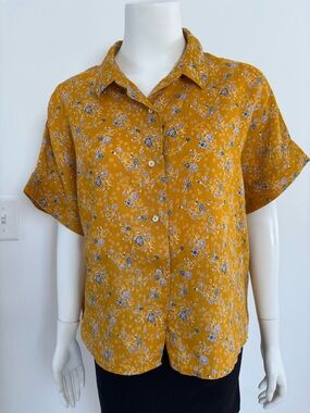 Rachel Zoe Mustard Floral 100% Linen Button-Front Top